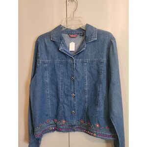 U31 Agapo vintage blue denim jacket Colorful floral embroidery & stitching @ hem